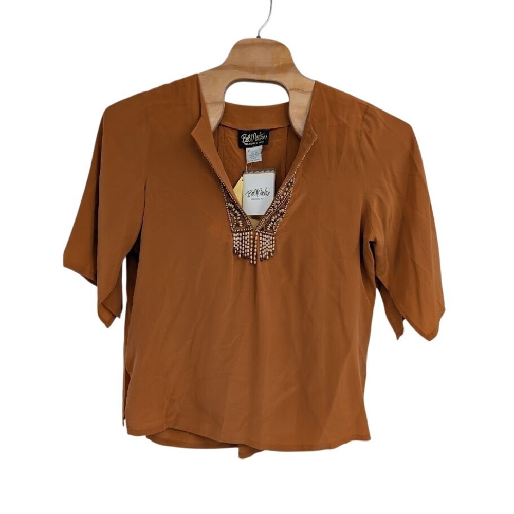 Bob Mackie NWT Women's Wearable Art brown beaded silk blouse sz Large